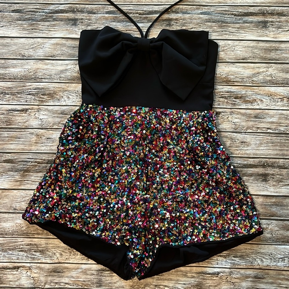 TCEC Strapless Black Bow Top Multi-Colored Sequined Romper M - Picture 2 of 10